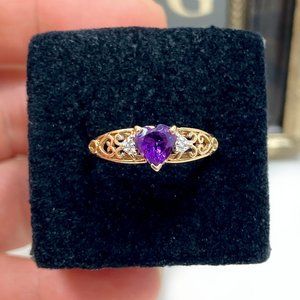 10k Solid Yellow Gold Genuine Amethyst & Diamond "I Love You" Estate Ring